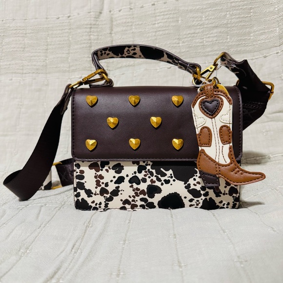 Betsey Johnson Handbags - Betsey Johnson Western Brown & Black Cow Crossbody Bag with Heart Accents Charms